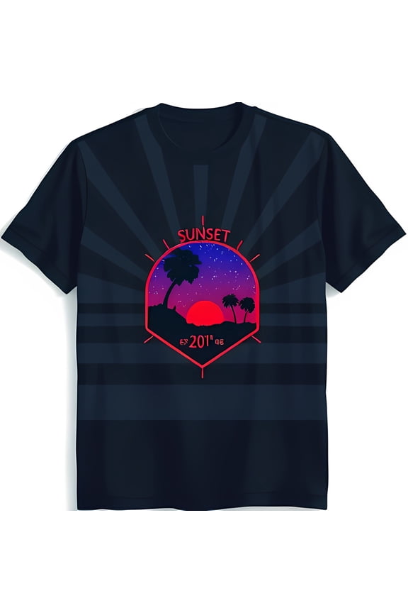 Vintage Sunset Graphic T-Shirt with Trees Dark Blue Striped Tee