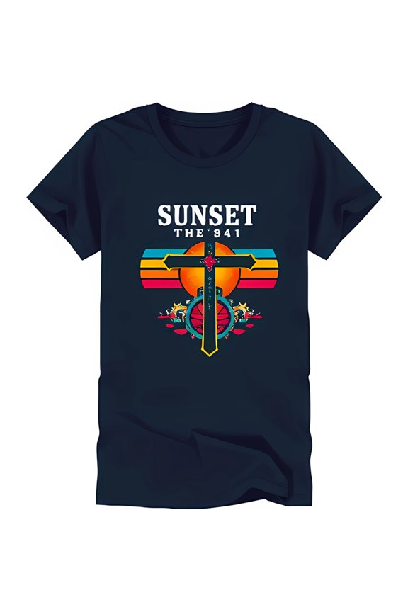Vintage Sunset Graphic on Dark Blue T-Shirt Short Sleeve Neck