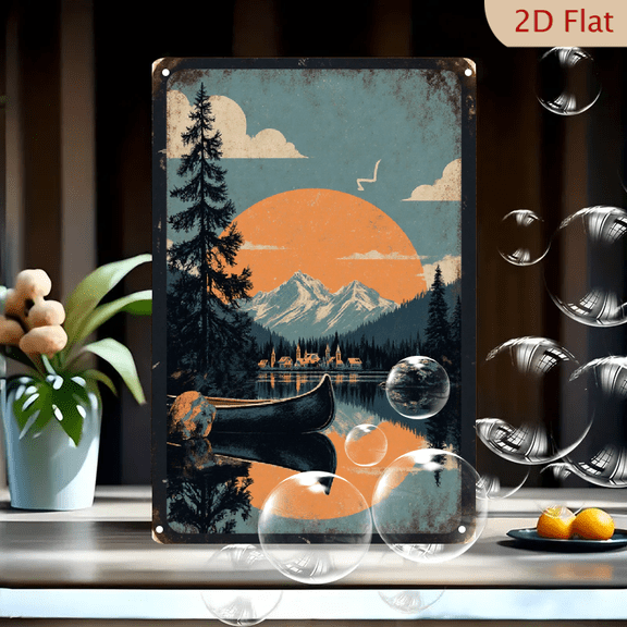 Vintage Sunset Lake Canoe Mountains Metal Wall Art, 8x12 Inches, Retro Nature Cabin Sign with Birds and Evergreens for Rustic Home Decor