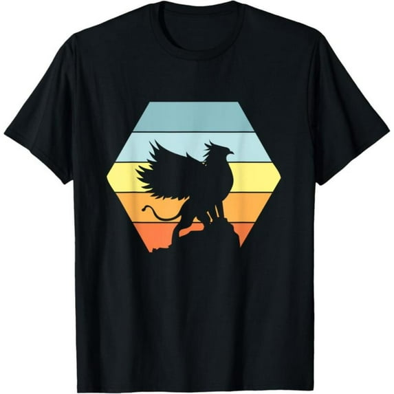 Vintage Sunset Lion Eagle Graphic Tee，Pattern printing，Casual Comfort Top，Round neck，Classic，cotton，black，S-5XL