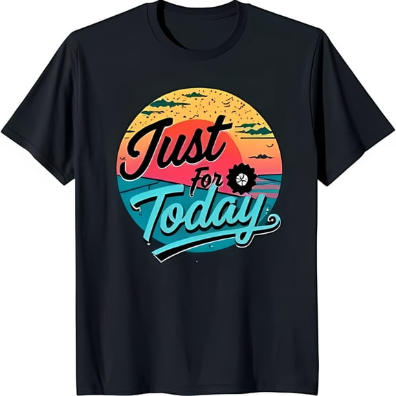 Vintage Sunset Scene Black T-Shirt with 'Just for Today' in Bright Blue & Red