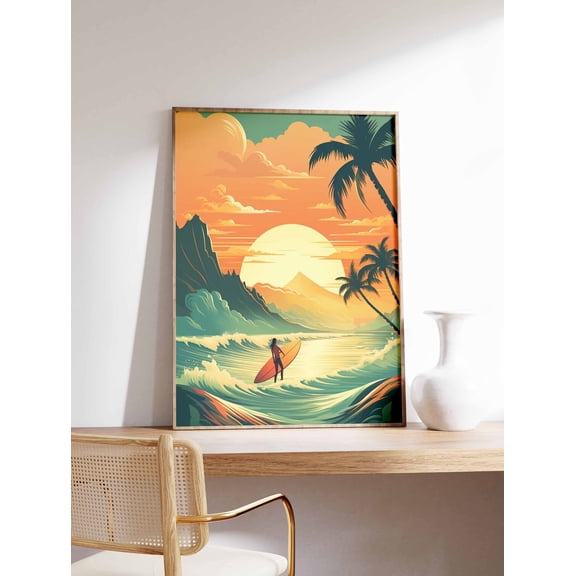 Vintage Sunset Surfing Beach Poster, Unframed Paper Poster 8x10in