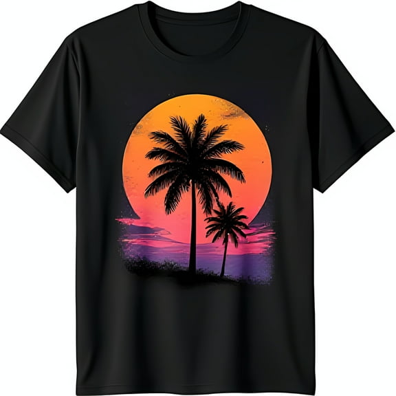 Vintage Sunset Trees Graphic Black T-Shirt Retro Beach Vacation Style