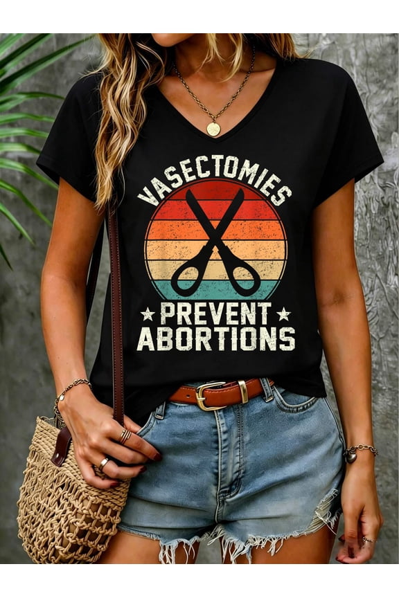 Vintage Sunset Vasectomies Prevent Abortions Retro Vasectomy V Neck T-Shirt Cotton Women's V Neck Graphic Tee, Casual Short Sleeve Shirt,Vacation Outfit