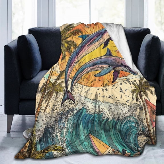 Vintage Surf Dolphins Throw Blanket Ultra Soft Cozy Decorative Flannel Blankets for Home Bed Couch Chair Travel 50x40