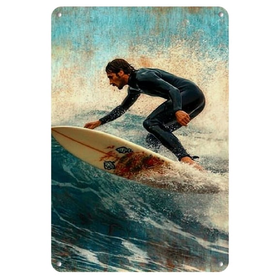 Vintage Surf Metal Wall Art - 8x12 Iron Poster, Weatherproof &amp; Waterproof Home Decor for Living Room or Office, Nostalgic Surfing Scene, No Battery Needed, Multi-Purpose Room Decoration