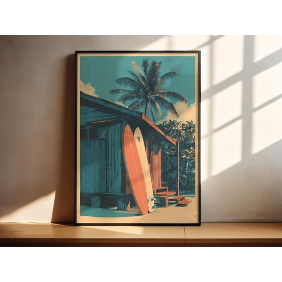 Vintage Surf Shack Retro Coastal Decor Beach Print Surfboard Wall Art, Unframed Paper Print