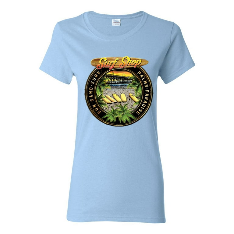 Vintage Surf Shop Beach Sun Sand Surf Palms Paradise Pop Culture Womens Graphic T Shirt Light Blue 3XL