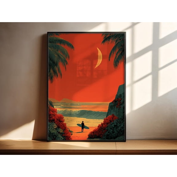 Vintage Surf Surfer Wall Art Coastal Decor Boho Print, Unframed Paper Print