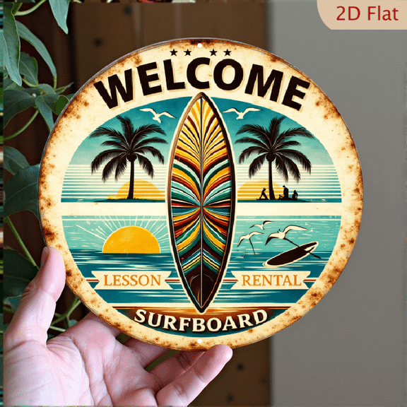 Vintage Surfboard Beach Sign, 8x8 Inch Round Aluminum Wall Decor for Coastal Home and Surf Shop Art