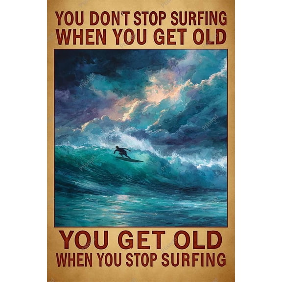 Vintage Surfer Big Wave Ocean Metal Sign, Stormy Sky Scripture Motivational Wall Decor for Home or Man Cave, 8x12 Inch