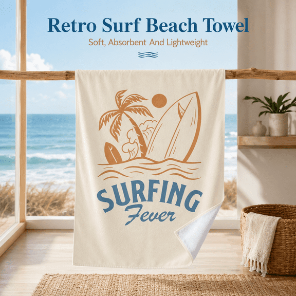 Vintage Surfing Fever Board Wave Sun Cream Microfiber Sandless Quick Dry Absorbent Beach Towel Women Men Pool Swim Outdoor Ocean Gift 30x60 Inch