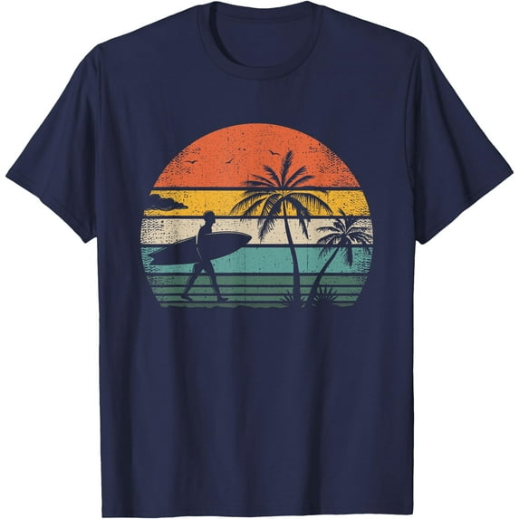Vintage Surfing Retro Surf Style Palm Tree for Surfers Unisex T-Shirt for Men Women Kids Toddler,Navy Color,Size 2XL