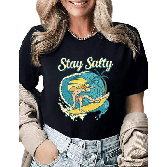Vintage Surfing Stay Salty Graphic Tees Womens T shirt White/Black S-5XL Shirts Casual Summer Tops