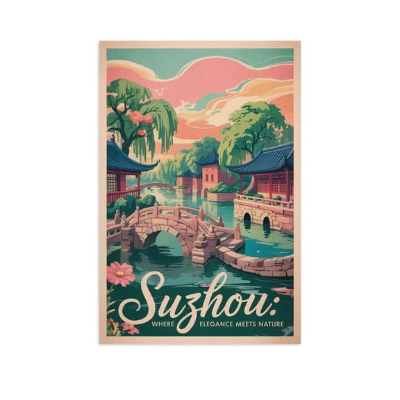 Vintage Suzhou Cityscape Retro Chinese Tourism with Historic Architecture & Culture Canvas Poster
