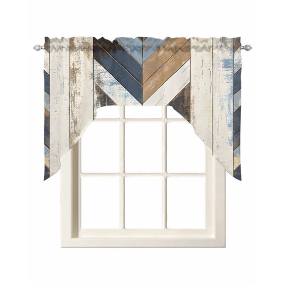 Vintage Swag Valance and Tier Curtains Set Western Aztec Geometric Strip Wood Texture Farmhouse Kitchen Curtains 3 Piece Set Rod Pocket Panels for Bedroom Cafe 56x36 inch