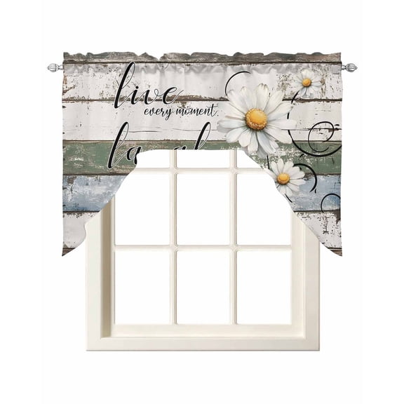 Vintage Swag Valances for Windows 56 x 36 Classic White Daisies Flowers Wood Grain Rod Pocket Light Filtering Window Topper for Kitchen Bathroom Bedroom Living Room