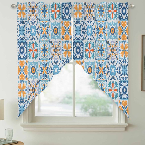 Vintage Swag Valances for Windows, Spanish Tiled Floral Blue Mediterranean Rod Pocket Short Curtains, Machine Washable Kitchen Window Topper for Bathroom Living Room, 28 x 36 Inch, 1 Pair