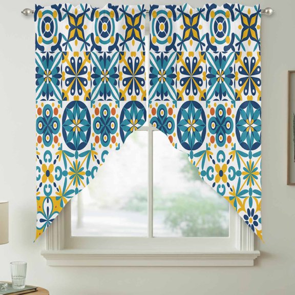 Vintage Swag Valances for Windows, Spanish Tiled Floral Mediterranean Blue Rod Pocket Short Curtains, Machine Washable Kitchen Window Topper for Bathroom Living Room, 28 x 36 Inch, 1 Pair