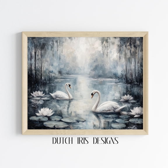 Vintage Swan Lake Scene, Moody Water Landscape, Rustic Cottagecore Decor, Tranquil Lake Art, Wall Art For Home 601 Home Decor #1925, Unframed Poster Size 8x12