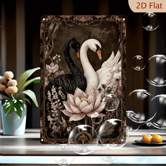 Vintage Swan and Lotus Flower 8x12 Inch Metal Wall Art, Romantic Black White Swans with Pink Blooms on Ornate Filigree Border, Rustic Home Decor Painting for Living Room
