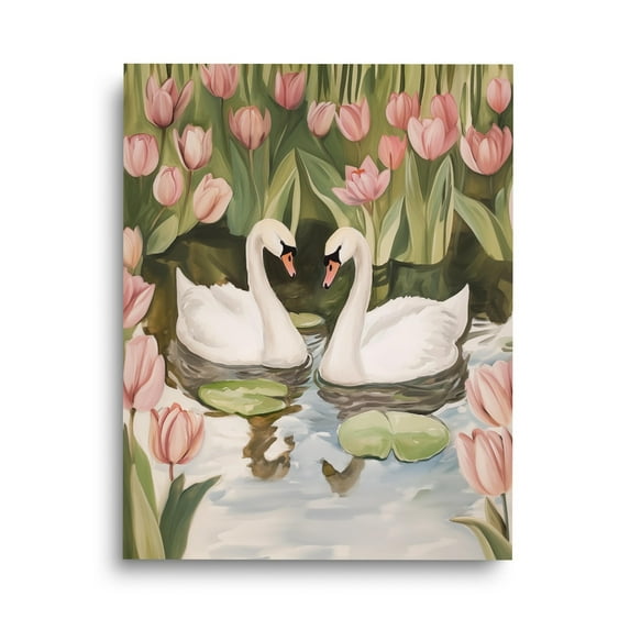 Vintage Swans Print, Romantic Lily Pond Wall Art, Farmhouse Animal Poster, Country Life Decor, Botanical Nursery Artwork, Cottage Home Decor #3999, Stretched Canvas Size 16x24