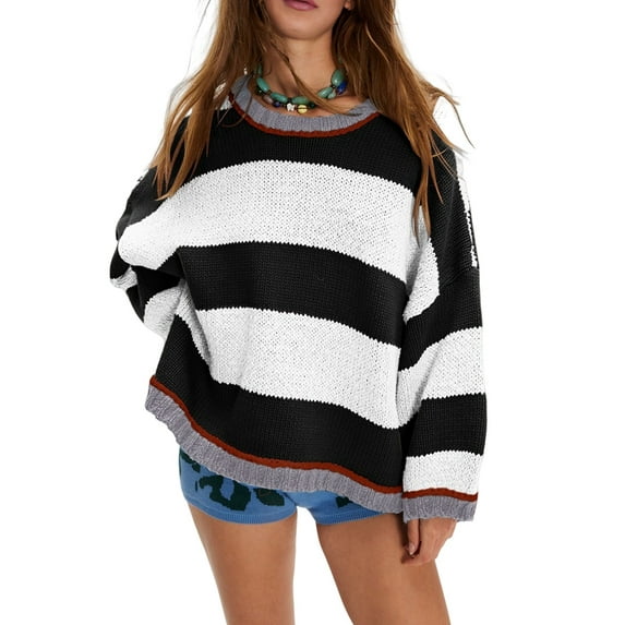 Vintage Sweaters for Women Crewneck Long Sleeve Preppy Oversized Knit Pullover Tops White S