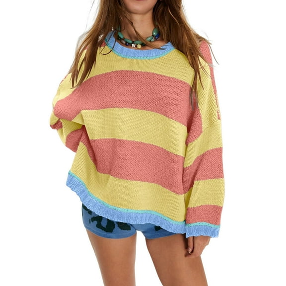 Vintage Sweaters for Women Crewneck Long Sleeve Preppy Oversized Knit Pullover Tops Yellow M