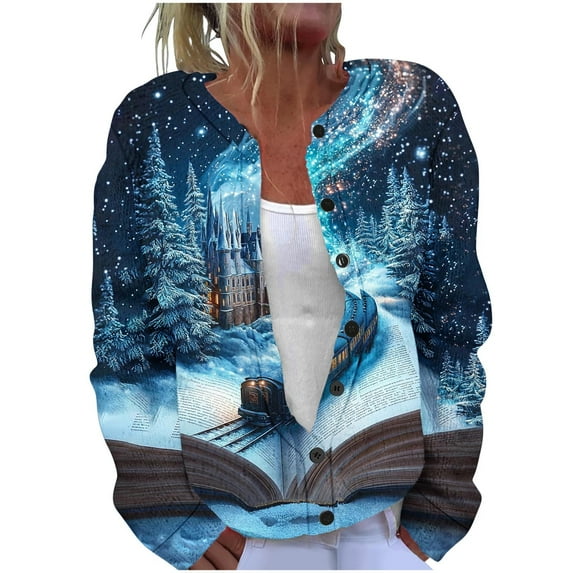 Vintage Sweaters for Women Long Sleeve Crewneck Button Down Cardigan Outerwear Blue L