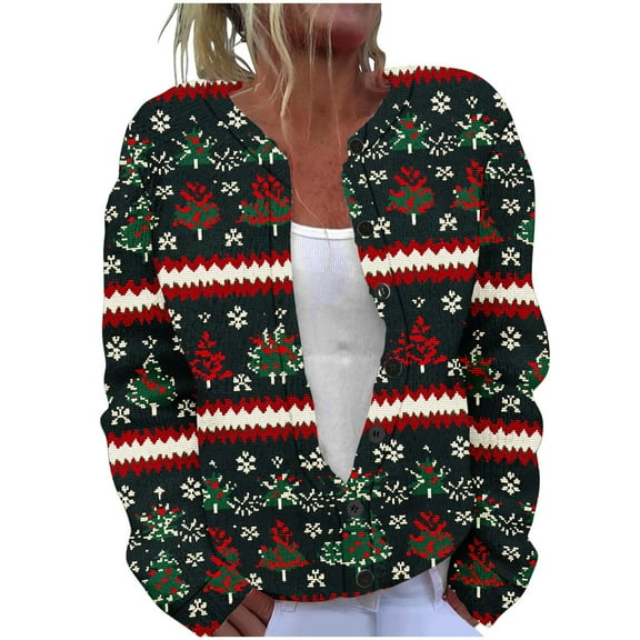 Vintage Sweaters for Women Long Sleeve Crewneck Button Down Cardigan Outerwear Green M