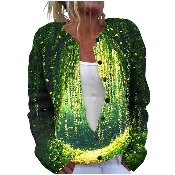 Vintage Sweaters for Women Long Sleeve Crewneck Button Down Cardigan Outerwear Green XL