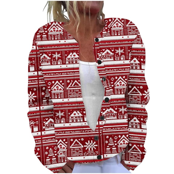 Vintage Sweaters for Women Long Sleeve Crewneck Button Down Cardigan Outerwear Red M