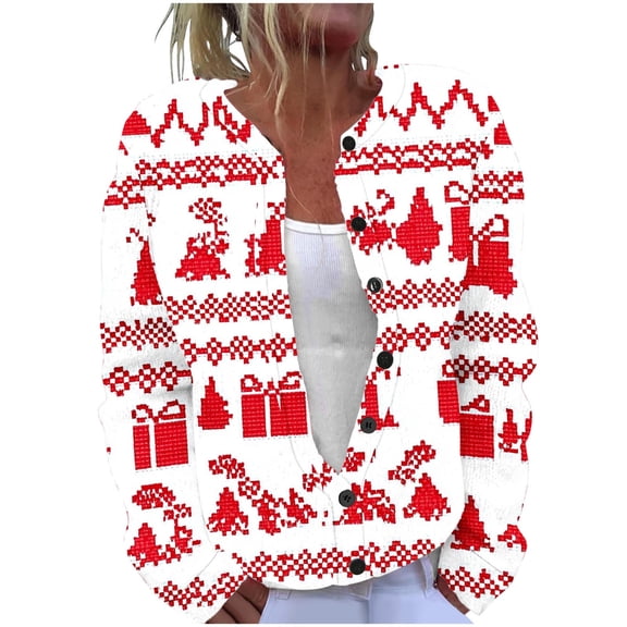 Vintage Sweaters for Women Long Sleeve Crewneck Button Down Cardigan Outerwear Red S