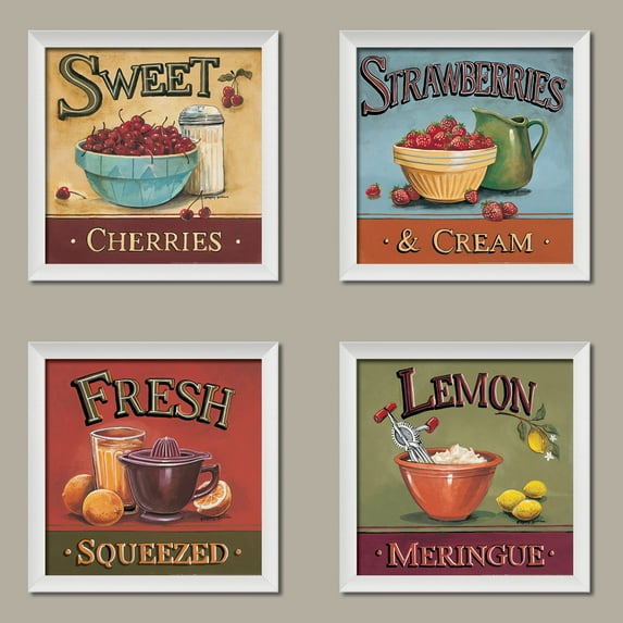 Vintage Sweet Cherries, Lemon Meringue, Fresh Squeezed and Strawberries and Cream Sign; Kitchen Decor; Four 12 by 12-Inch White Framed Prints; Ready to hang!