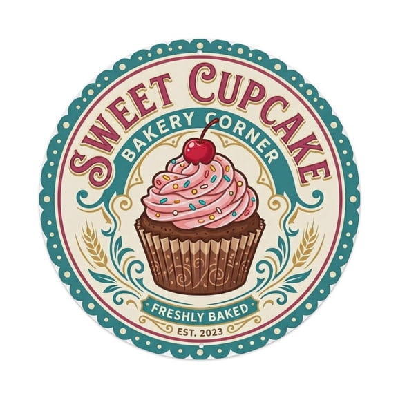 Vintage Sweet Cupcake Bakery Corner Kitchen Pastry Accessory Vintage Metal Tin Sign Plaque Wall Decor for Cafe, Club, Garden Round Metal Poster 8x8Inch