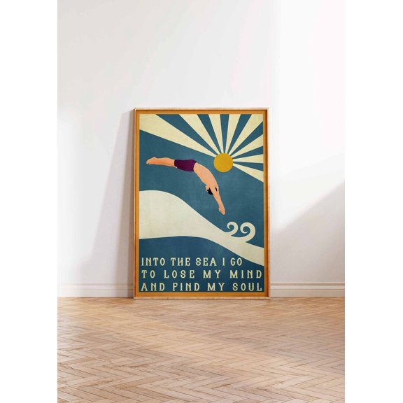 Vintage Swimming Diver Into The Sea I Go To Lose My MInd And Find My Soul Gift Idea Wall Art Print