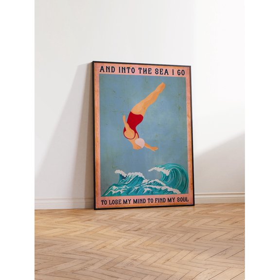 Vintage Swimming Diver Into The Sea I Go To Lose My MInd And Find My Soul Gift Idea Wall Art Print
