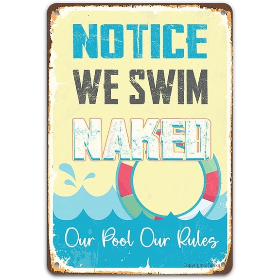 Vintage Swimming Pool Tin Sign, Swim at Your Own Risk Mermaid Off Duty, Metal 8x12 Inch Retro Wall Decor for Home Kitchen Seaside Swim Pool Outdoor Fence Wall Decor