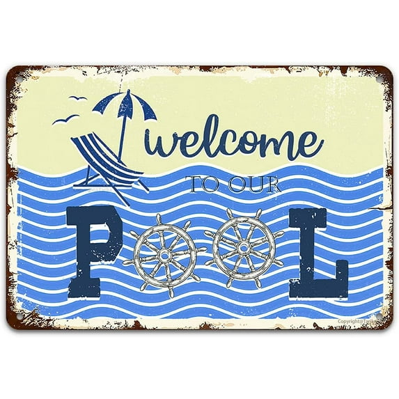 Vintage Swimming Pool Tin Sign, Swim at Your Own Risk Mermaid Off Duty, Metal 8x12 Inch Retro Wall Decor for Home Kitchen Seaside Swim Pool Outdoor Fence Wall Decor