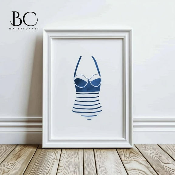 Vintage Swimsuit Watercolor - Swimsuit Art, Bathing Suit Art Print, Beach House Decor - Lake House Wall Art - Nautical Art - Blue Wall Decor Wall Art, Modern Wall Decor, 8x12 UNFRAMED