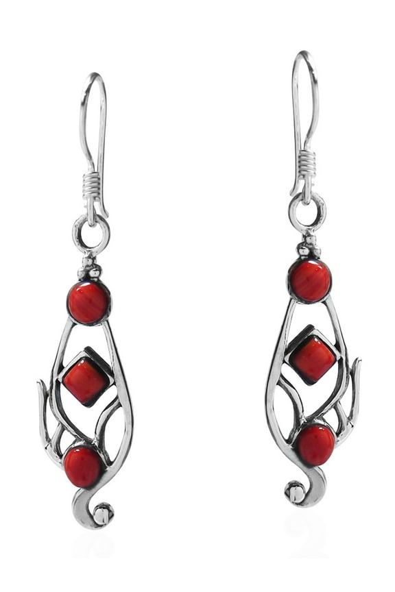 Vintage Swirl Reconstructed Coral Accented .925 Sterling Silver Dangle Earrings