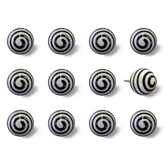 Vintage Swirl Vintage Hand-Painted Ceramic Knob Set - White & Black - Pack of 12