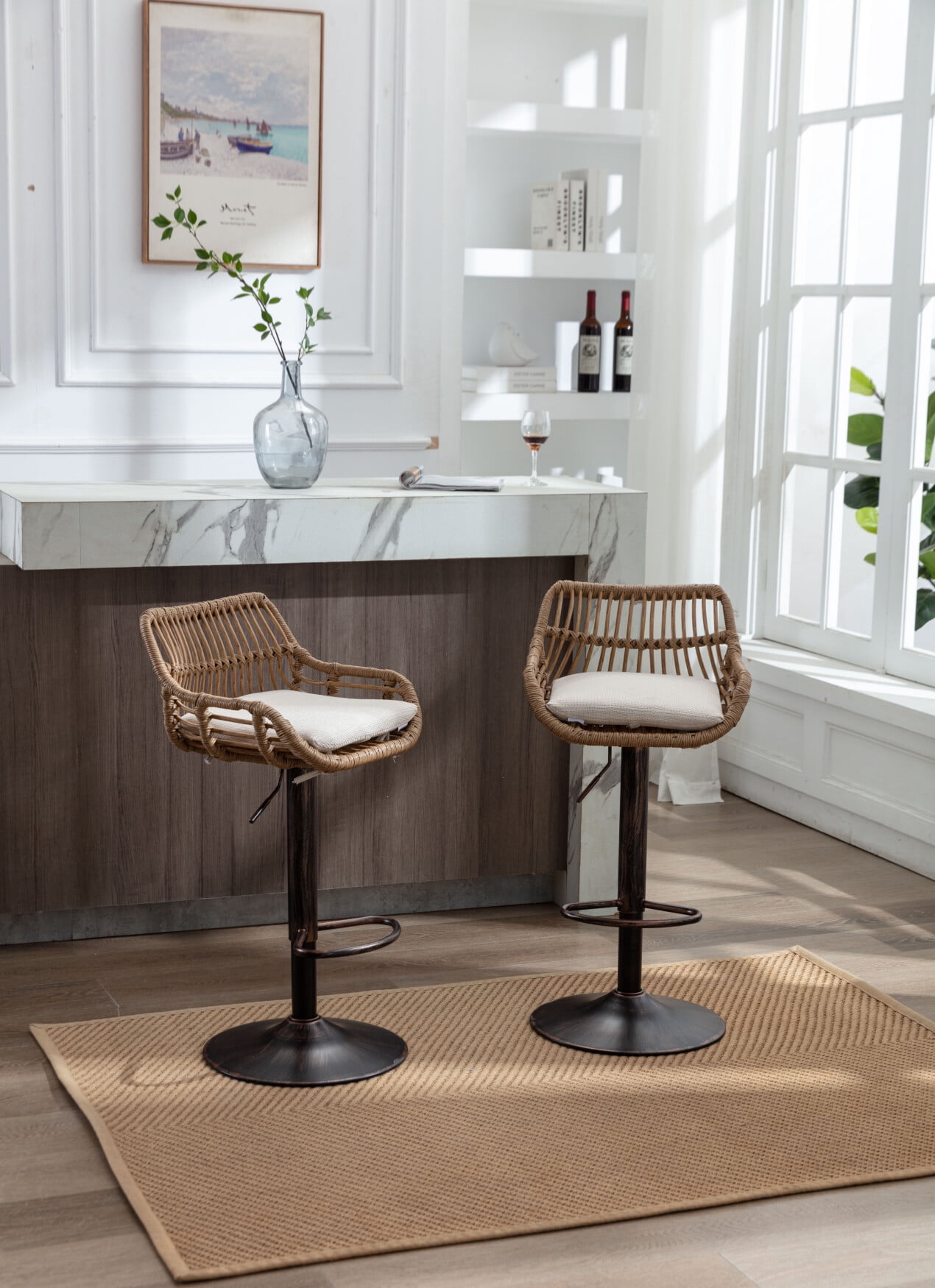 Vintage Swivel Rattan Bar Stools Set of 2, Adjustable Counter Height ...
