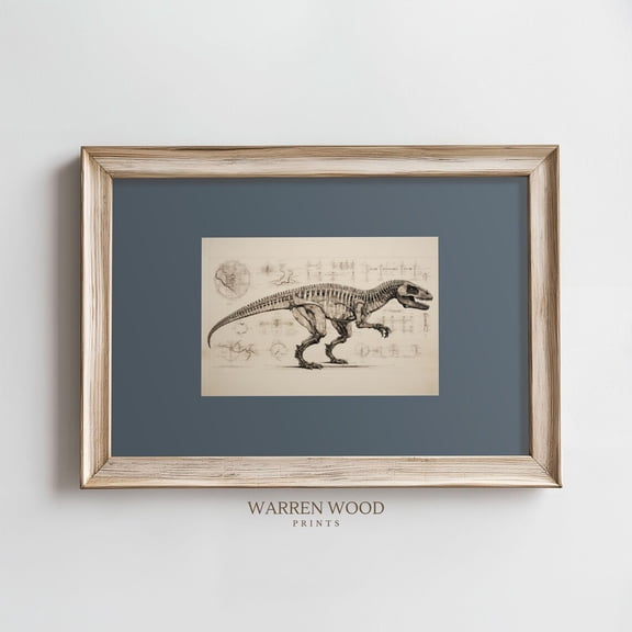 Vintage T,Rex Fossil Print, Dusty Blue Wall Art, Rustic Dinosaur Sketch, Neutral Dinosaur Decor, Fossil Illustration, Boys Dinosaur Room Home Decor #1669, Stretched Canvas Size 12x18
