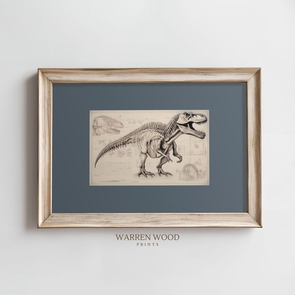 Vintage T,Rex Fossil Print, Dusty Blue Wall Art, Rustic Dinosaur Sketch, Neutral Dinosaur Decor, Fossil Illustration, Boys Dinosaur Room Home Decor #1700, Unframed Poster Size 12x18