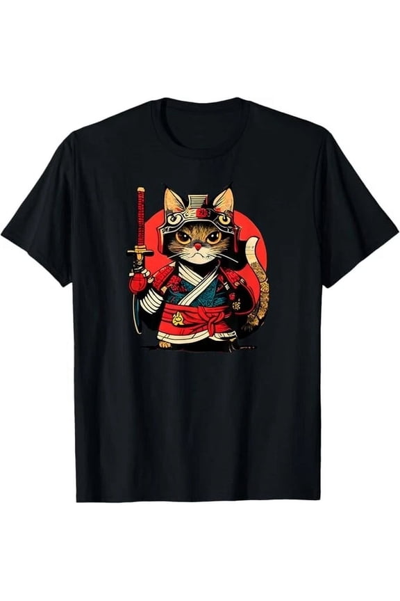Vintage T-Shirt Anime Style Samurai Cat Japanese Block Art Woodblock Designs #14 Best Birthday Gifts, Vintage Birthday Gift