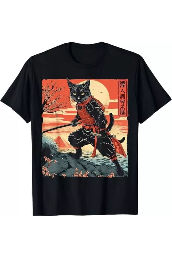 Vintage T-Shirt Anime Style Samurai Cat Japanese Block Art Woodblock Designs #16Birthday Gifts