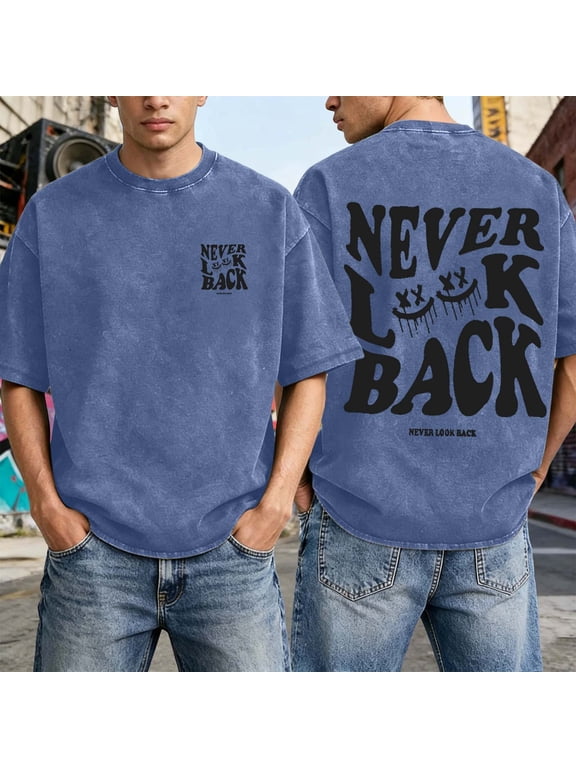 Vintage T Shirt Men Washed Oversized Never Look Back Letter Graphic Print Casual Tee