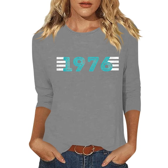 Vintage T Shirts For Women Crew Neck 3/4 Length Sleeve 1976 Graphic Print Pullover Casual Comfy Tops (L, Gray)