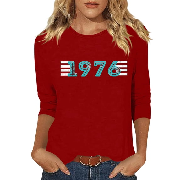 Vintage T Shirts For Women Crew Neck 3/4 Length Sleeve 1976 Graphic Print Pullover Casual Comfy Tops (M, Red)